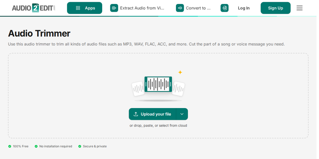 Audio2Edit पर ऑनलाइन ऑडियो ट्रिम करें पेज, जहाँ "Upload your file" बटन दिखता है