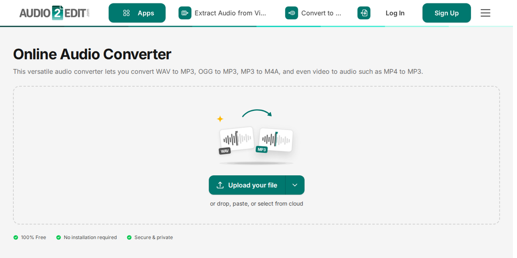 Audio2Edit पर ऑडियो में कन्वर्ट करें पेज, जहाँ "Upload your file" बटन दिखता है