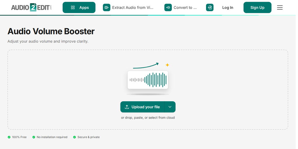 Audio2Edit पर ऑडियो के लिए वॉल्यूम बूस्टर पेज, जहाँ "Upload your file" बटन दिखता है